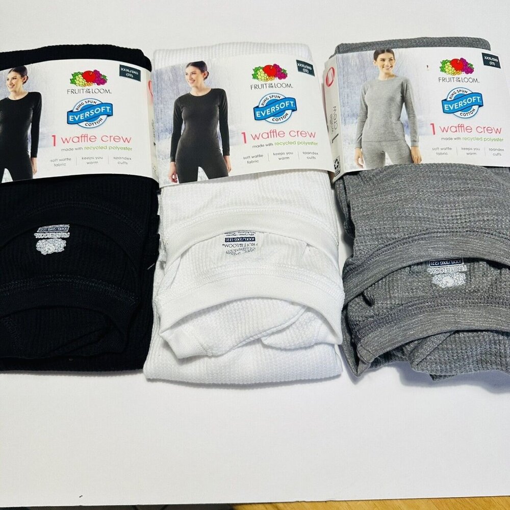 Womens XXXL 22 Fruit Of The Loom Waffle Crew Shirt Black Gray Thermals (3 Pack)